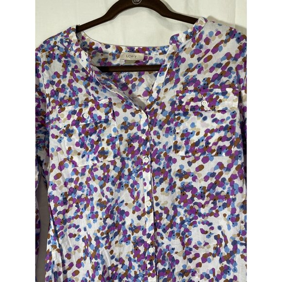 Loft long sleeve button up collar V-neck chest pockets white multicolor med READ - Picture 2 of 8